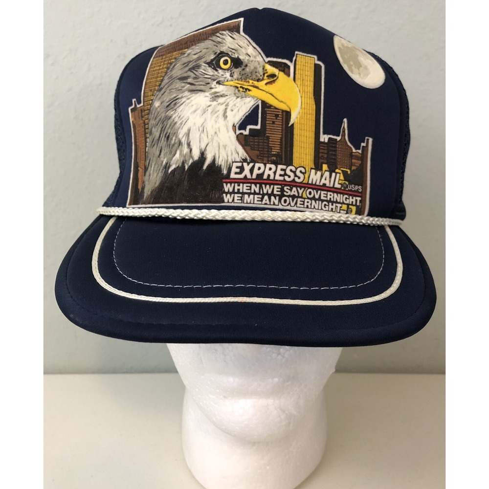 Vintage USPS Express Mail Snapback Hat Twin Towers Eagle Zip+4 Navy Trucker Cap